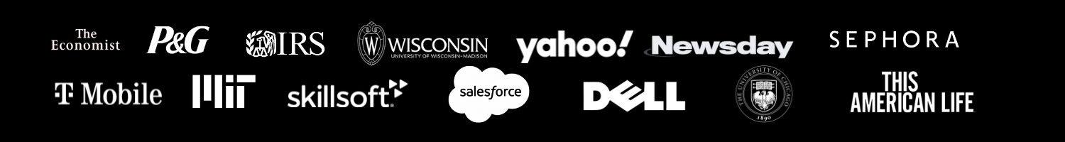 3Play customer logos including salesforce, dell, this american life, the IRS, The Economist, Newsday, UChicago, Yahoo, Skillsoft, University of Wisconsin