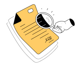 Magnifying glass inspects paperwork.