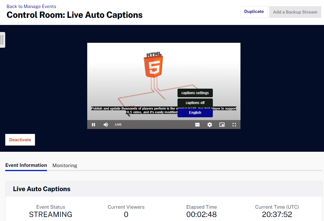 screenshot of live captions in Brightcove