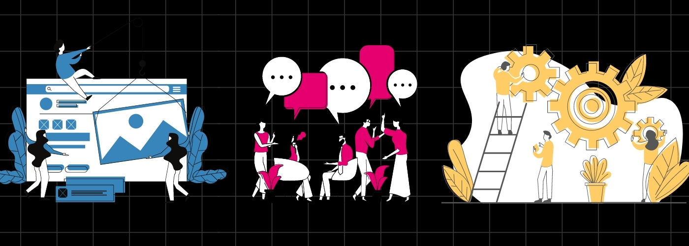 Cartoon groups of colleagues work together on various devices and workspaces