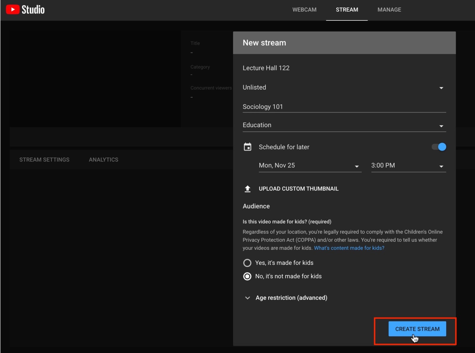 create stream in YouTube studio 