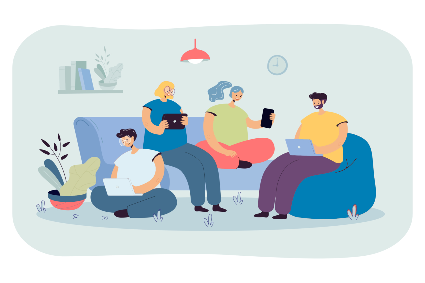 Group,Of,Friends,With,Digital,Devices,Meeting,At,Home,,Sitting