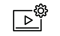 Icon of a screen with a play button. On the right corner, there is a settings icon overlaid.