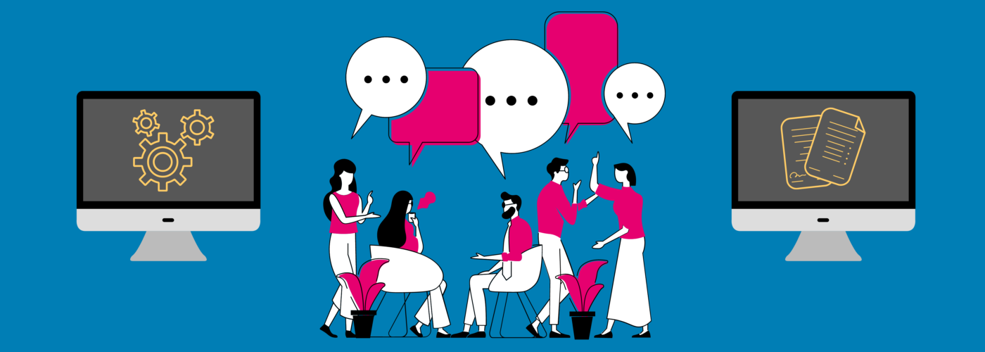 People working surrounded by speech bubbles and computers